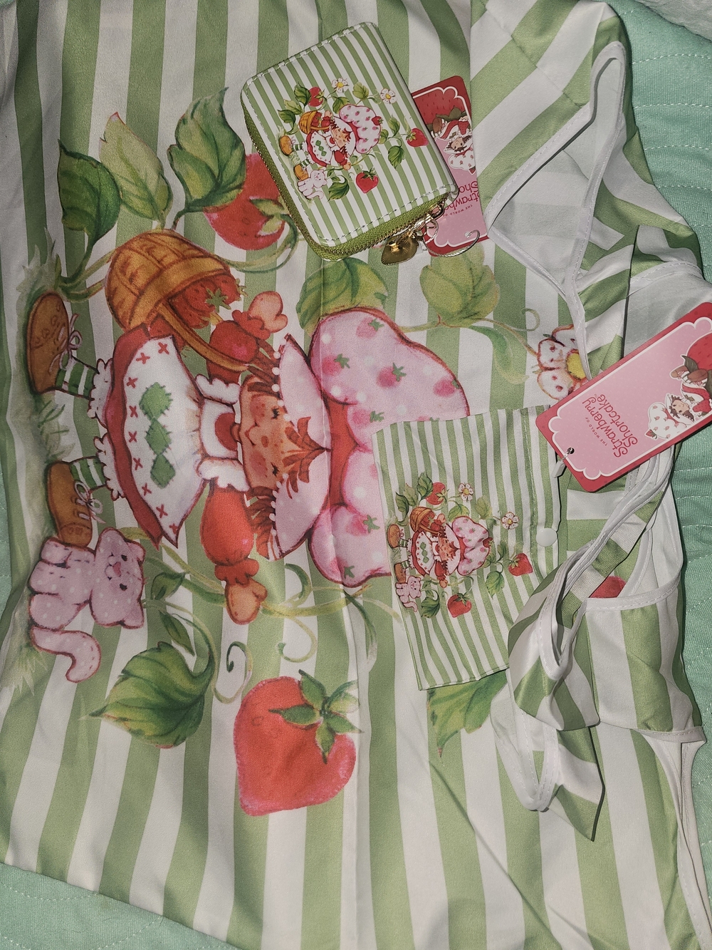 Strawberry-themed Green & White Stripe Tote Bag With Wallet Bundle